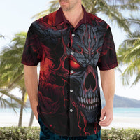 Demon skull Hawaiian shirt on model, red-and-black skull graphic with button front