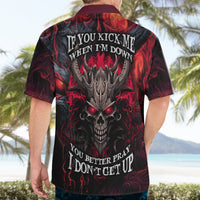 Demon skull Hawaiian shirt, back text 'If you kick me...' and skull with red flames