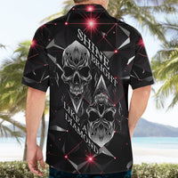 Black Hawaiian shirt back with skull graphic, red geometric lines, and “SHINE BRIGHT” text