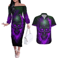 Horor Skull Couples Matching Off The Shoulder Long Sleeve Dress and Hawaiian Shirt Welcome to the Dark side - Wonder Print Shop