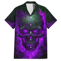 Dark Hawaiian shirt with neon skull face graphic, short-sleeve button-up front