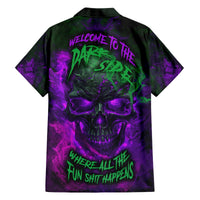 Purple short-sleeve button-up Hawaiian shirt with neon skull and text graphic on front
