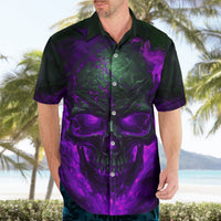 Neon skull graphic short-sleeve button-up Hawaiian shirt worn by adult model