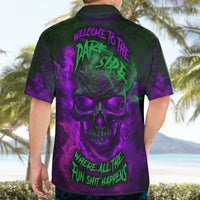 Neon skull graphic back view Hawaiian shirt, short-sleeve button-up with collar
