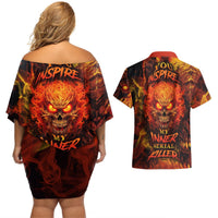 Off-shoulder fire skull mini dress and Hawaiian shirt set with fiery graphic