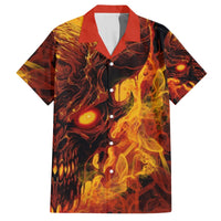 Flame-eyed skull Hawaiian shirt, short-sleeve button-up with red collar, dark red and yellow