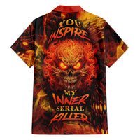 Fire skull Hawaiian shirt, short-sleeve button-up with flame graphic in dark red and yellow