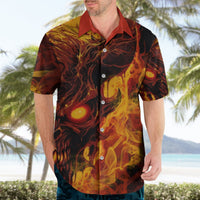 Fire skull Hawaiian shirt, short-sleeve button-up with flame artwork and red collar