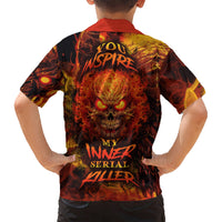 Fire skull Hawaiian shirt, back graphic with flaming text, short-sleeve button-up
