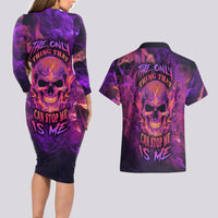 Fire Skull Couples Matching Long Sleeve Bodycon Dress and Hawaiian Shirt The Only Thing That Can Stop Me Is Me - Wonder Print Shop
