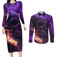 Fire Skull Couples Matching Long Sleeve Bodycon Dress and Long Sleeve Button Shirts The Only Thing That Can Stop Me Is Me - Wonder Print Shop