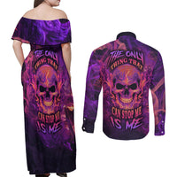 Fire Skull Couples Matching Off Shoulder Maxi Dress and Long Sleeve Button Shirts The Only Thing That Can Stop Me Is Me - Wonder Print Shop