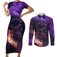 Fire Skull Couples Matching Short Sleeve Bodycon Dress and Long Sleeve Button Shirts The Only Thing That Can Stop Me Is Me - Wonder Print Shop