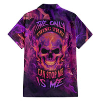 Purple button-up Hawaiian shirt with flaming skull graphic and text on chest