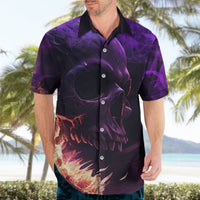 Purple button-up Hawaiian shirt with flaming skull head and slogan graphic