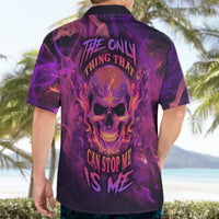 Purple Hawaiian shirt with flaming skull graphic on back and slogan text
