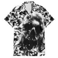 Black and white skull graphic Hawaiian shirt, short sleeves, open button placket