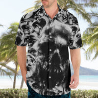 Men’s black and white skull Hawaiian shirt with short sleeves and button-up front