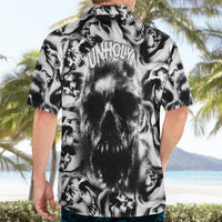 Black and white skull Hawaiian shirt, back view with short sleeves and button-up collar