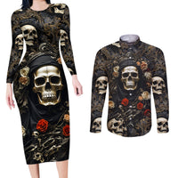 Skull Roses Couples Matching Long Sleeve Bodycon Dress and Long Sleeve Button Shirts Never Say Die - Wonder Print Shop