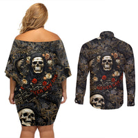Skull Roses Couples Matching Off Shoulder Short Dress and Long Sleeve Button Shirts Never Say Die - Wonder Print Shop