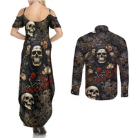 Skull Roses Couples Matching Summer Maxi Dress and Long Sleeve Button Shirts Never Say Die - Wonder Print Shop