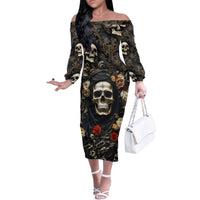 Skull Roses Family Matching Off Shoulder Long Sleeve Dress and Hawaiian Shirt Never Say Die - Wonder Print Shop