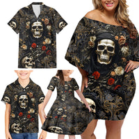 Skull Roses Family Matching Off Shoulder Short Dress and Hawaiian Shirt Never Say Die - Wonder Print Shop