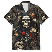 Dark Hawaiian shirt with centered skull face and floral roses, button-up collar