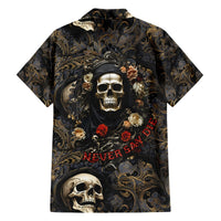 Dark Hawaiian shirt with gold skull graphic, roses, and red text across front