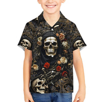 Kids dark Hawaiian shirt with skull, roses, and red lettering, button-up collar