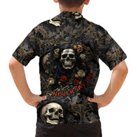 Kids' dark Hawaiian shirt back with skull roses and red text, short sleeves