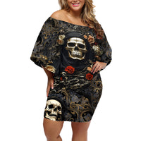 Skull Roses Off Shoulder Short Dress Never Say Die - Wonder Print Shop