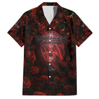 Dark red and black Hawaiian shirt with spread collar, button placket, rose skull chest print