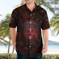 Dark red and black button-up Hawaiian shirt with rose pattern and skull graphic on chest
