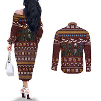 Affenpinscher Dog Halloween Christmas Couples Matching Off The Shoulder Long Sleeve Dress and Long Sleeve Button Shirt Xmas Holiday Patterns - Wonder Print Shop