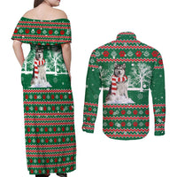 Alaskan Malamute Winter Tree Christmas Couples Matching Off Shoulder Maxi Dress and Long Sleeve Button Shirt Xmas Holiday Patterns - Wonder Print Shop