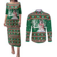 Alaskan Malamute Winter Tree Christmas Couples Matching Puletasi and Long Sleeve Button Shirt Xmas Holiday Patterns - Wonder Print Shop