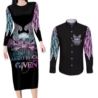 Skull Wings Roses - Zero Fuck Given Couples Matching Long Sleeve Bodycon Dress and Long Sleeve Button Shirt - Wonder Print Shop