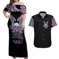 Skull Wings Roses - Zero Fuck Given Couples Matching Off Shoulder Maxi Dress and Hawaiian Shirt - Wonder Print Shop