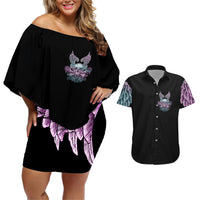 Skull Wings Roses - Zero Fuck Given Couples Matching Off Shoulder Short Dress and Hawaiian Shirt - Wonder Print Shop