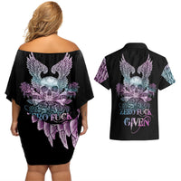 Skull Wings Roses - Zero Fuck Given Couples Matching Off Shoulder Short Dress and Hawaiian Shirt - Wonder Print Shop