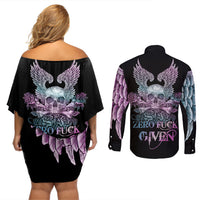 Skull Wings Roses - Zero Fuck Given Couples Matching Off Shoulder Short Dress and Long Sleeve Button Shirt - Wonder Print Shop