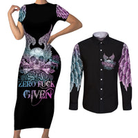 Skull Wings Roses - Zero Fuck Given Couples Matching Short Sleeve Bodycon Dress and Long Sleeve Button Shirt - Wonder Print Shop