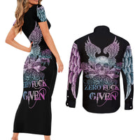 Skull Wings Roses - Zero Fuck Given Couples Matching Short Sleeve Bodycon Dress and Long Sleeve Button Shirt - Wonder Print Shop