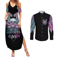 Skull Wings Roses - Zero Fuck Given Couples Matching Summer Maxi Dress and Long Sleeve Button Shirt - Wonder Print Shop