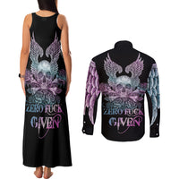 Skull Wings Roses - Zero Fuck Given Couples Matching Tank Maxi Dress and Long Sleeve Button Shirt - Wonder Print Shop