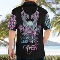 Black Hawaiian shirt back print with skull, purple roses, teal wings and 'Zero Fuck Given' text