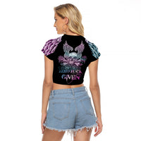 Skull Wings Roses - Zero Fuck Given Raglan Cropped T Shirt - Wonder Print Shop