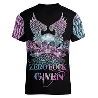 Skull Wings Roses - Zero Fuck Given Women V Neck T Shirt - Wonder Print Shop